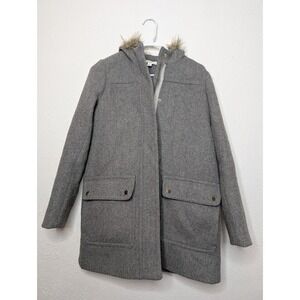 J Crew Vail Parka Jacket Women Size 0 Light Gray Wool Blend Faux Fur Trim Hooded